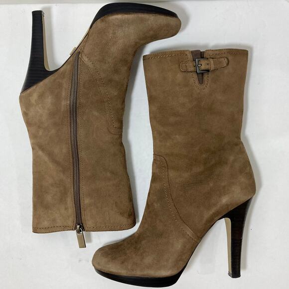 Brown suede mid calf boots, Anne Klein womens 7.5 brown hi heel platform bootie - Picture 3 of 14